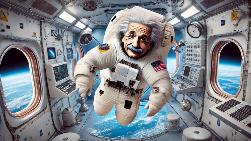 Albert Einstein is floating in space as an astronaut