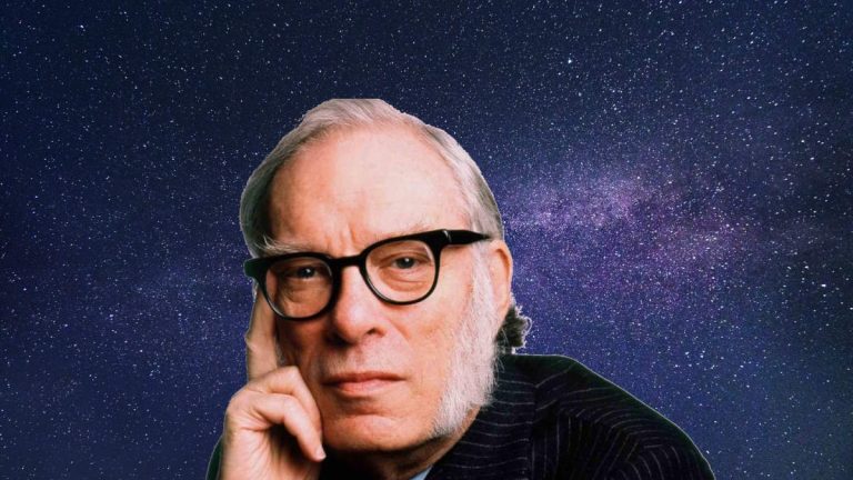 Isaac Asimov with starry background