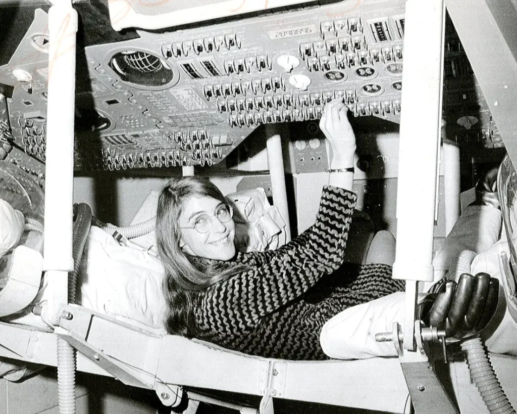 Margaret Hamilton is testing the software she wrote during her time as lead Apollo flight software designer
