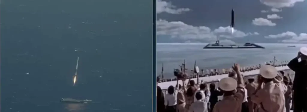 Left: SpaceX Falcon 9 Flight 23 landing (April 8, 2016, the first landing vertically achieved on an autonomous spaceport drone ship at sea), right: the landing scene from The Sky Beckons.