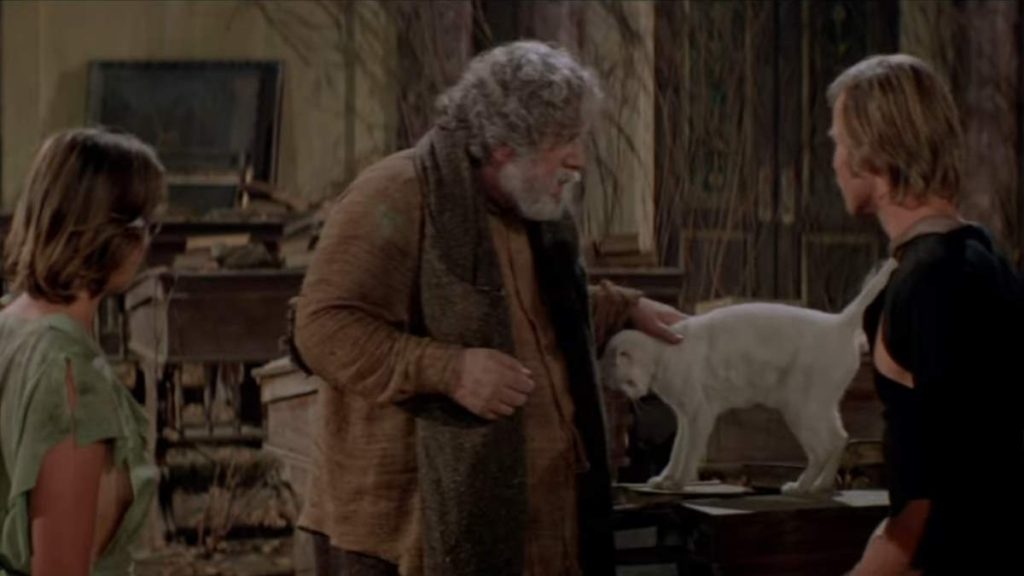 Scene from Logan's Run (1976) where the protagonists encounter the old man living among his cats, symbolizing a forgotten world beyond the dystopian city.