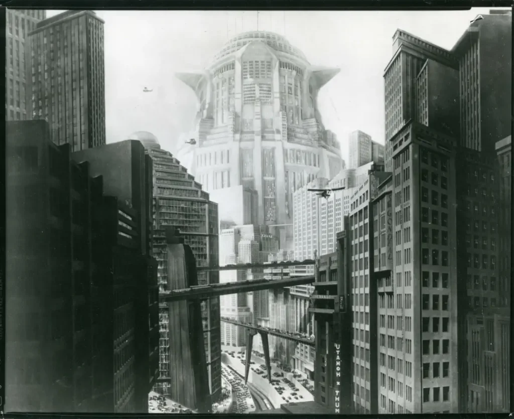 A screenshot from the film Metropolis (1927). The New Tower of Babel, Fredersen's headquarters in Metropolis.